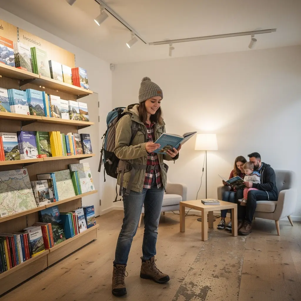 Eine Vielzahl von Wanderkarten und Stadtplänen, die auf einem Holztisch ausgebreitet sind, umgeben von Reiseliteratur.