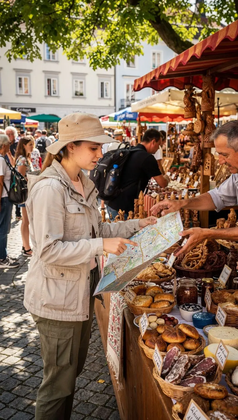 Ein Reisender, der mit einem Buch in der Hand auf einem Berggipfel sitzt und die Aussicht genießt.